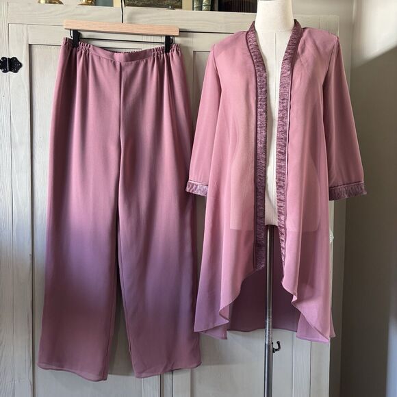 Maya Brooke Chiffon Sheer Pant Duster Set Women 8 Mauve Wedding Party Evening - Picture 10 of 16
